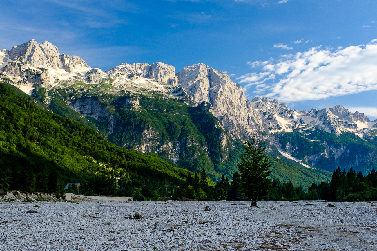 The evening sun is shining on mountains near Valbona, Albania.